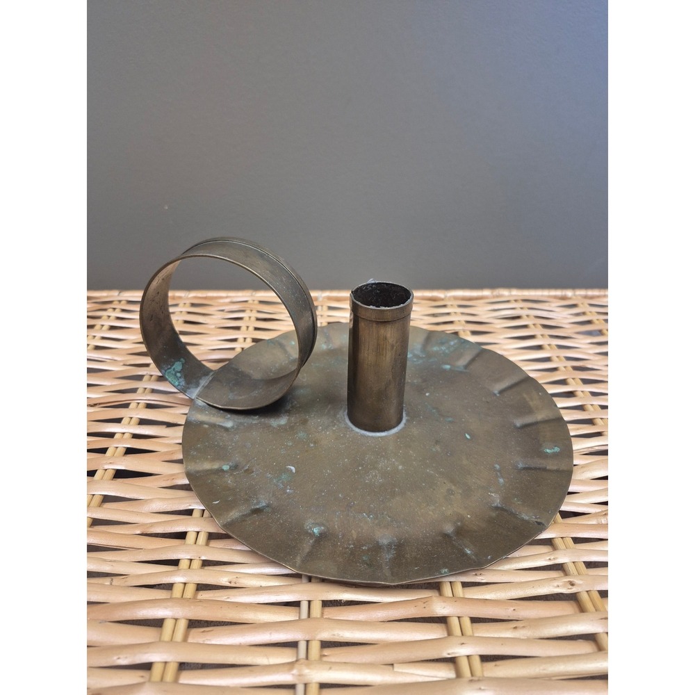 Vintage Large Brass Chamberstick Candle Holder Loop Handle Patina Taper 10.5"